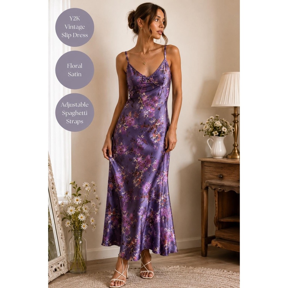 Vintage Slip Dress Women Purple Floral Satin Adjustable Straps Y2K Fairycore